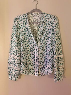 Floral Button-Front Blouse in Green and White